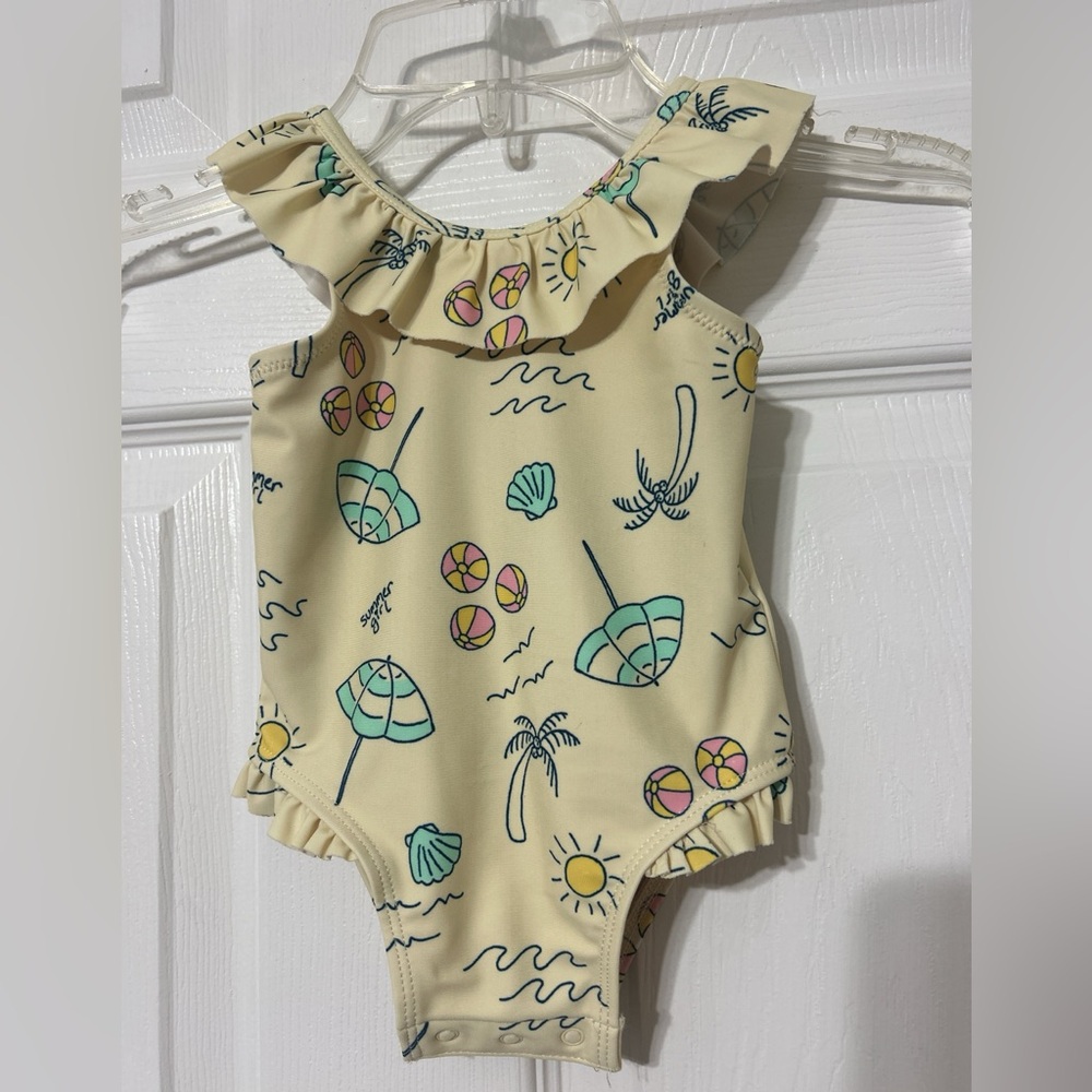 Old Navy Baby Girl One Piece Swimsuit Beach Print Ruffle Detail Size 3-6 Months